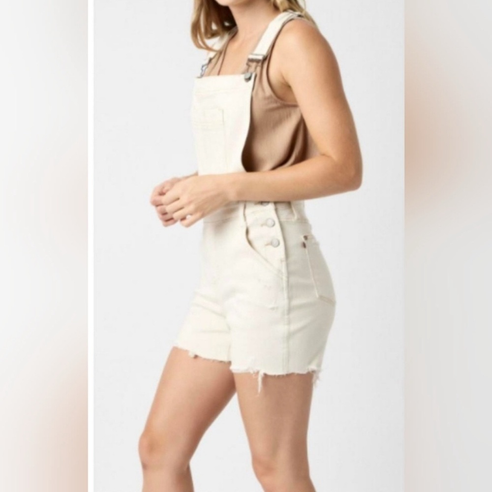 Judy Blue Ecru Garment Dyed Denim Distressed Overall Shorts